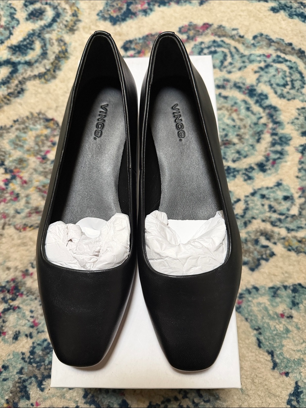 NWB Vince Black Leather Square-Toe Ballet Flats- size 6.5 could fit 7